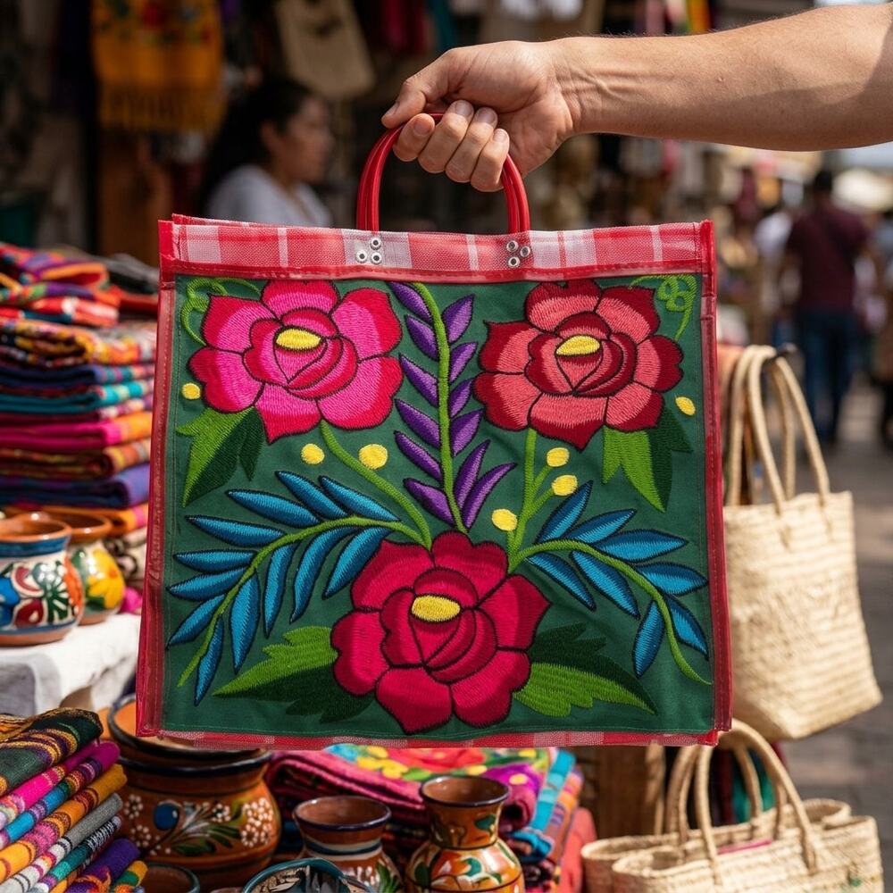 Embroidered Mexican Mercado Tote Bag – Plastic Woven Market Style 16LX 15W in